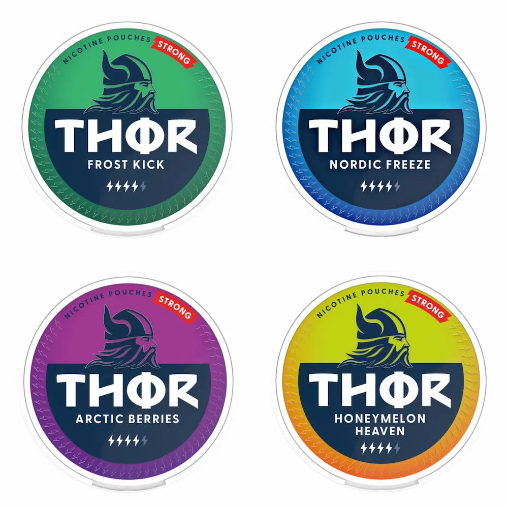 Bundle of 4 THOR 12.6mg nicotine pouches featuring assorted flavours in a tobacco free format