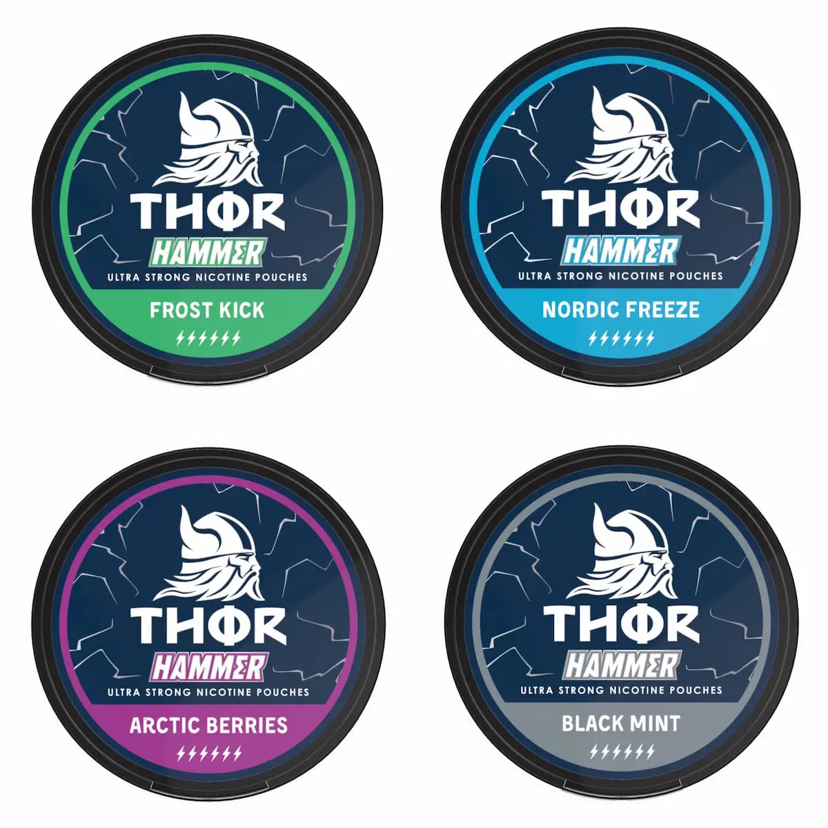 Bundle of 4 THOR 20mg nicotine pouches featuring strong Nordic inspired flavours in a tobacco free format