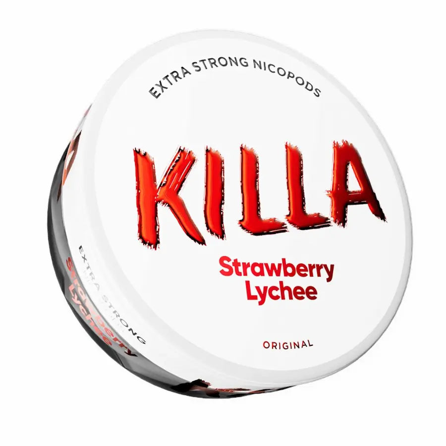 KILLA Strawberry Lychee 16mg nicotine pouches can with sweet strawberry and lychee flavour, strong nicotine strength.