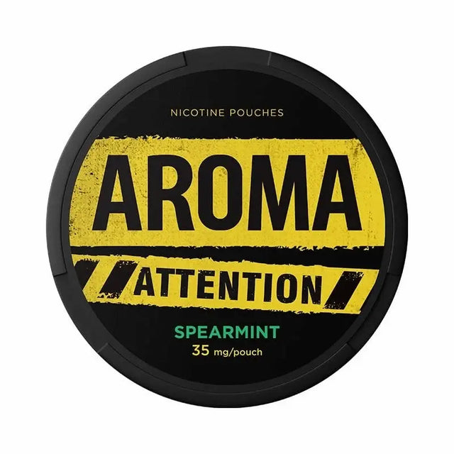 AROMA Attention Spearmint 50mg nicotine pouches with spearmint flavour.
