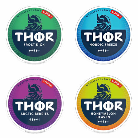 Bundle of 4 THOR 12.6mg nicotine pouches featuring assorted flavours in a tobacco free format