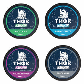 Bundle of 4 THOR 20mg nicotine pouches featuring strong Nordic inspired flavours in a tobacco free format