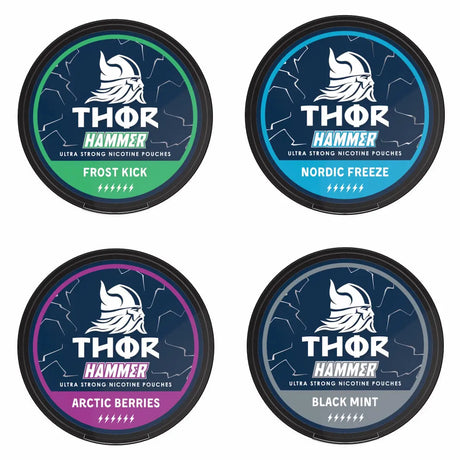 Bundle of 4 THOR 20mg nicotine pouches featuring strong Nordic inspired flavours in a tobacco free format