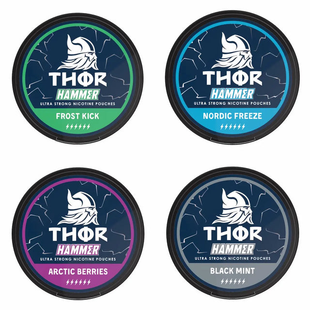 Bundle of 4 THOR 20mg nicotine pouches featuring strong Nordic inspired flavours in a tobacco free format