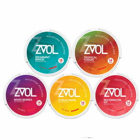 ZVOL Bundle of 5 Nicotine Pouches featuring Mixed Berries, Citrus Lemon, Watermelon Ice, Tropical Fusion and Spearmint Breeze flavours.