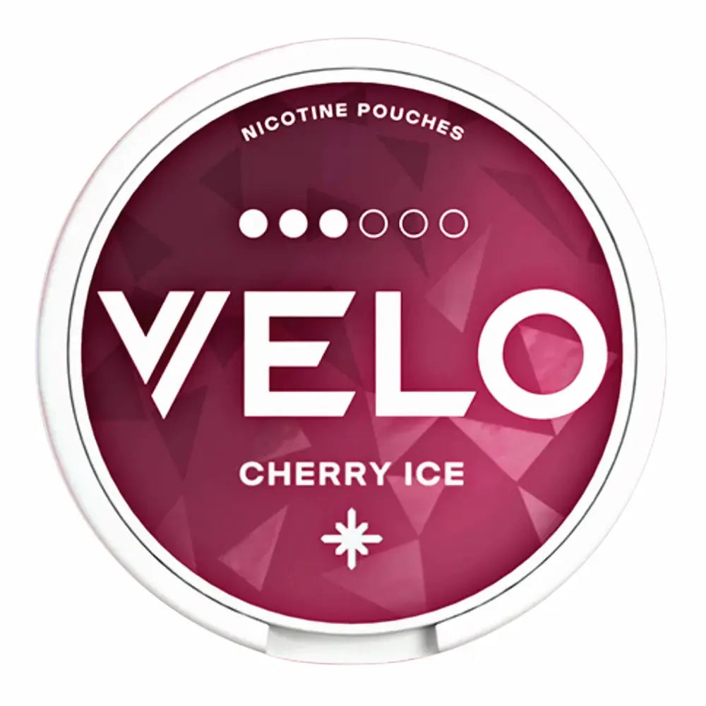 VELO Cherry Ice 10mg Nicotine Pouches, rich cherry flavour with a refreshing icy finish, slim pouch format.