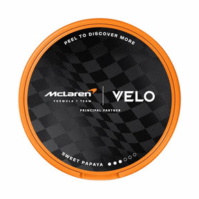 VELO McLaren Spicy Papaya 8mg nicotine pouch can with tropical papaya flavour and slim format