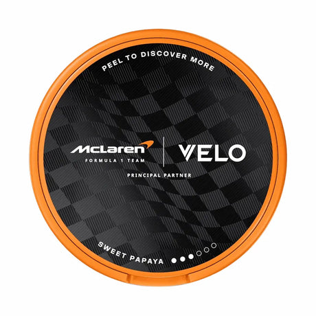 VELO McLaren Spicy Papaya 8mg nicotine pouch can with tropical papaya flavour and slim format
