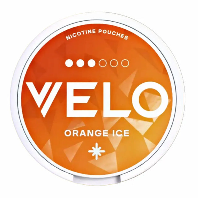 VELO Orange Ice 10mg Nicotine Pouches, vibrant orange flavour with a cooling ice sensation, slim pouch format for a discreet experience.